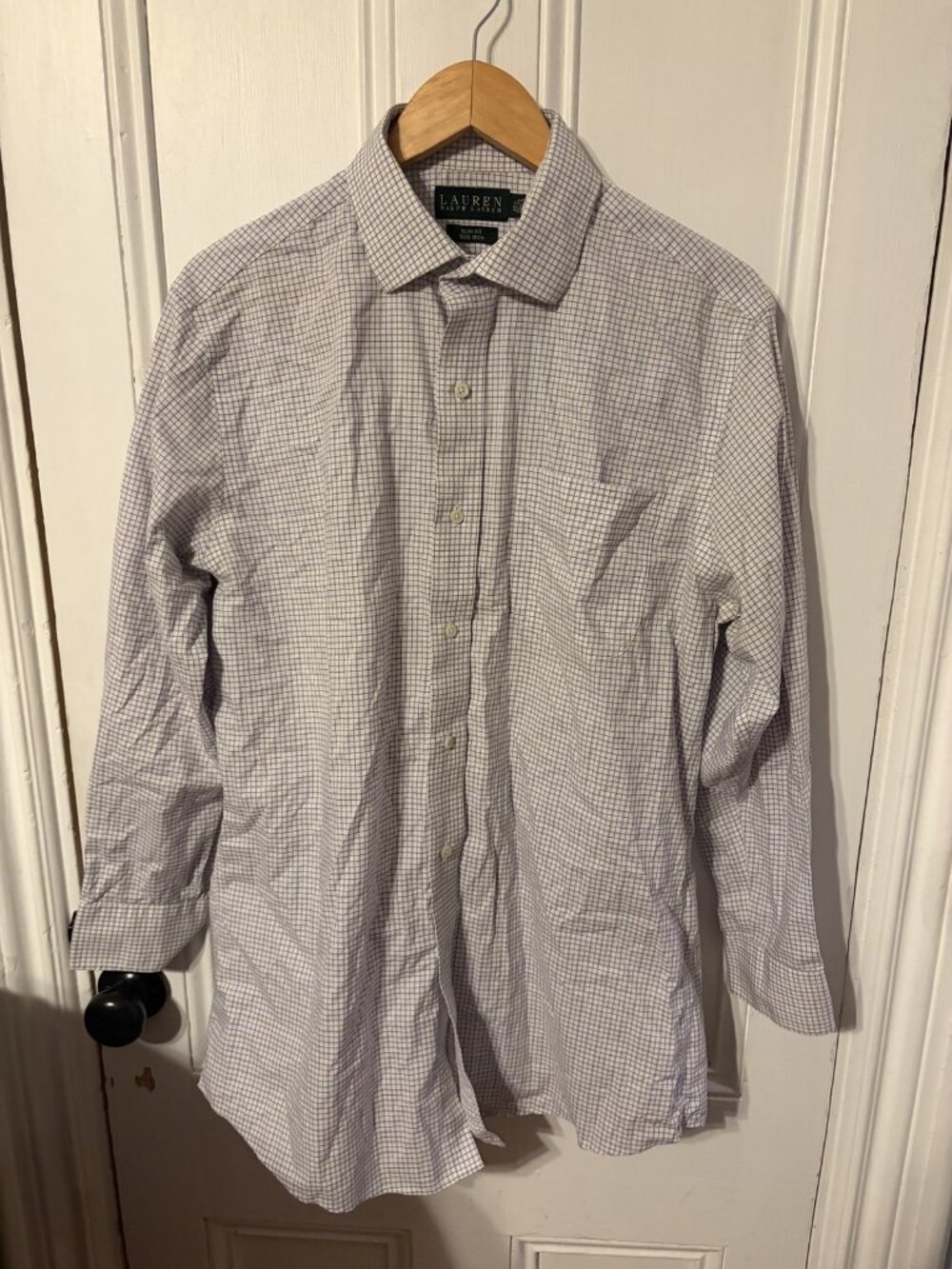 Lauren Ralph Lauren Mens 16.5 Slim Fit Non Iron Check Dress Shirt White Purple